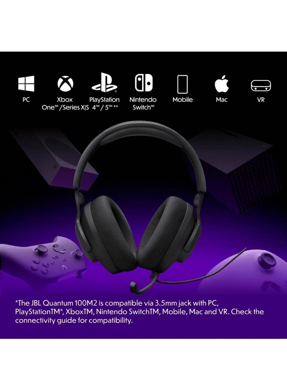 JBL Quantum 100M2 Black Gaming Headset - Wired Over-Ear with Mic